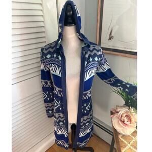 Vintage DEREK HEART Womens Sweater Small Blue Aztec Hooded Cardigan Y2K Boho